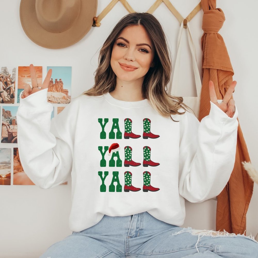 Christmas hat Yall Yall Yall Red and Green Cowboy Cowgirl Western Boots sweater